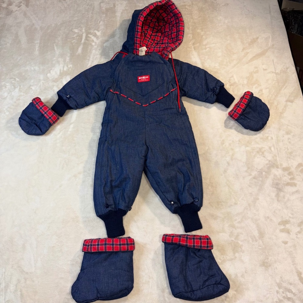 Vintage OshKosh Bgosh Denim Snowsuit Plaid Lined Bunting Mittens Booties 18M